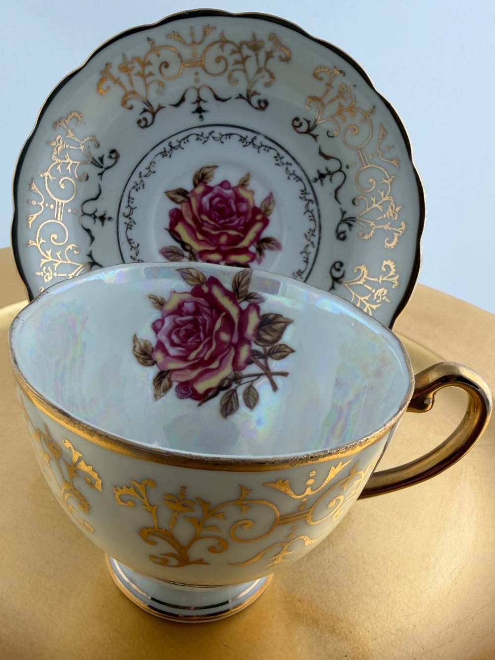 Chase Japan-Pink Rose, Iridescent Lusterware, Pegasus Mark, 1950-VTG Tea Cup Se